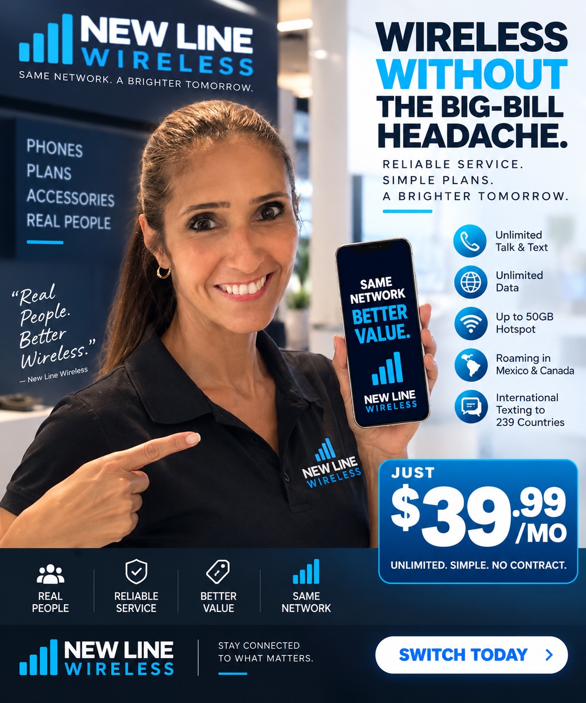 New Line Wireless team member presenting the $39.99 unlimited plan