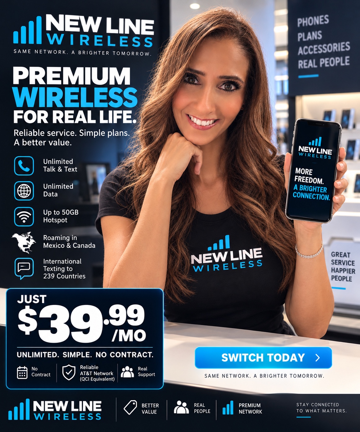 New Line Wireless team member pointing to a phone displaying the app